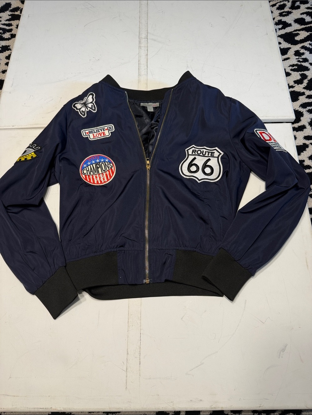 Girls' Navy Patch Bomber Jacket with Route 66 Detail